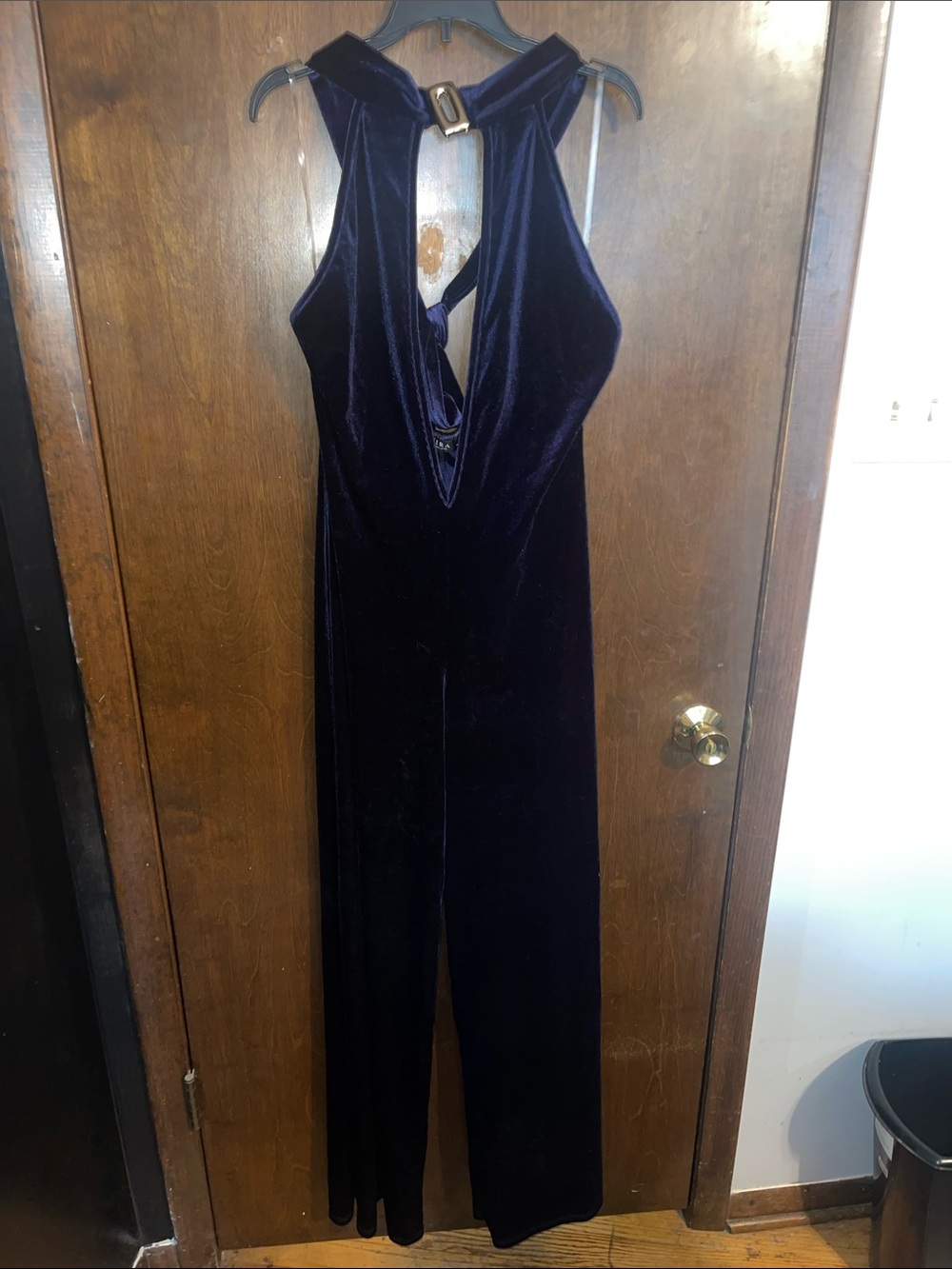 AKIRA Navy Velvet Plunge Halter Jumpsuit